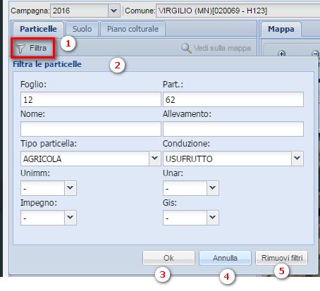 3) Tasto OK => esegue il filtro. 4) Tasto ANNULLA => annulla l operazione di ricerca. 5) Tasto RIMUOVI FILTRI => rimuove i filtri precedentemente impostati per crearne dei nuovi.