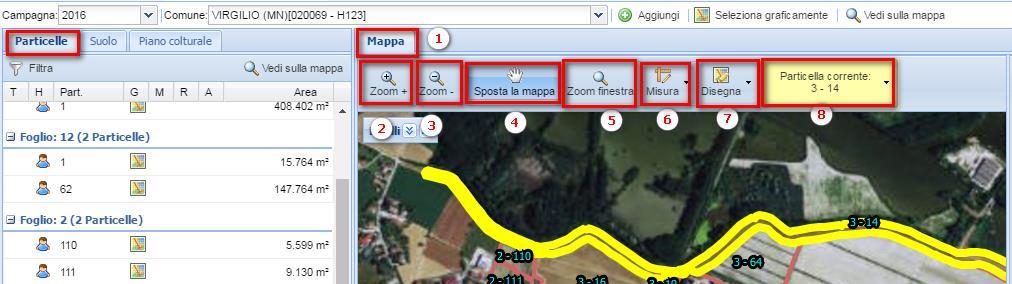 4.4. PIANO COLTURALE MAPPA 4.4.1. Strumenti di navigazione Mappa Dal menu Particelle, sezione Mappa, è possibile usare strumenti pratici e facili per la navigazione su mappa: 1) Sezione MAPPA.