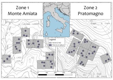 Aree d intervento üpinete di Pinus nigra di 45 anni di età in Amiata e 55 di età in Pratomagno.