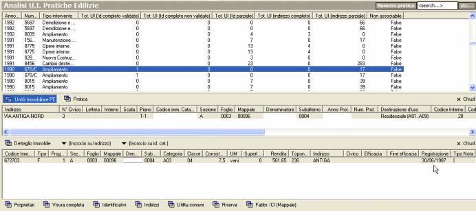 Nel caso in esame si può verificare la presenza di una unità immobiliare (un abitazione) interessata da un ampliamento (pratica 678/C del 1990), per la quale in catasto non risulta registrata alcuna