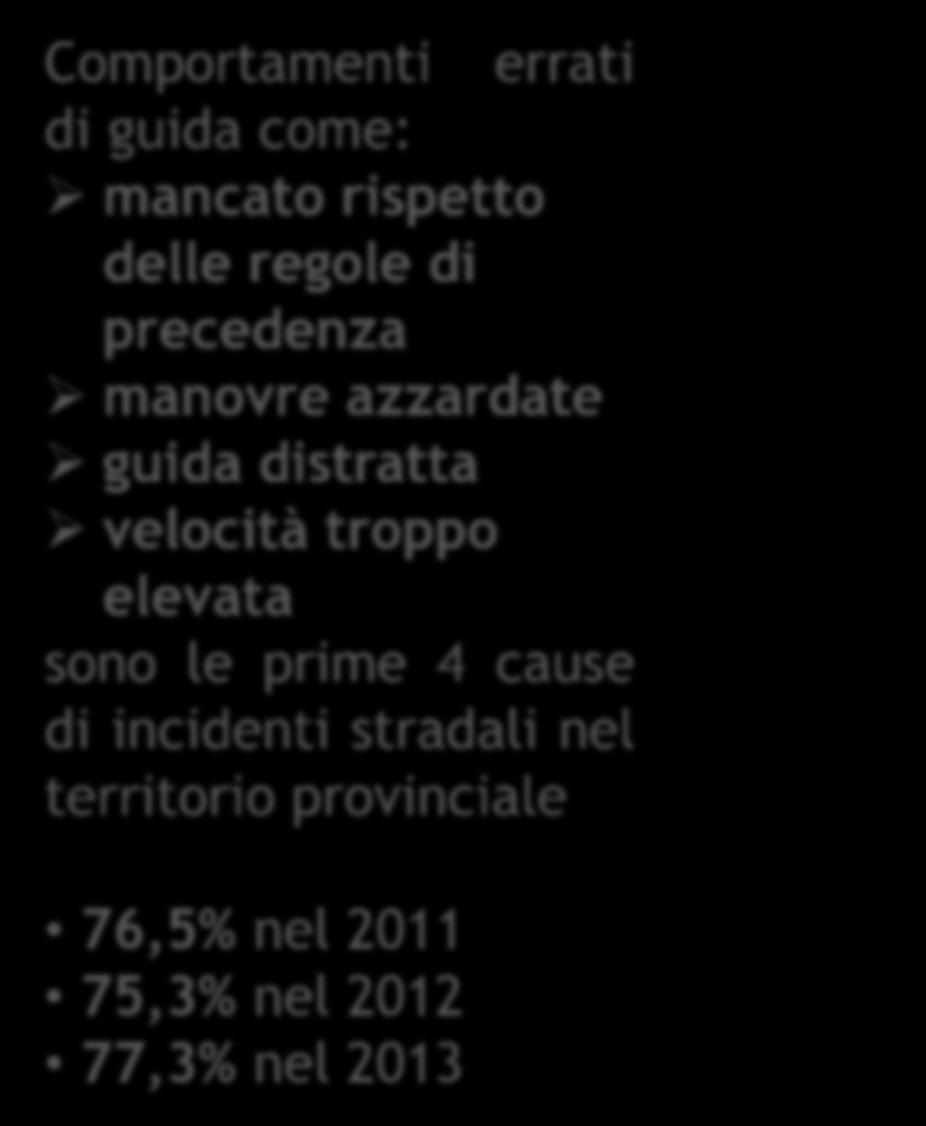 LE CAUSE DEGLI INCIDENTI anni 211-213 Comportamenti errati di guida come: mancato rispetto delle regole di precedenza manovre azzardate guida distratta velocità troppo elevata sono le prime 4 cause