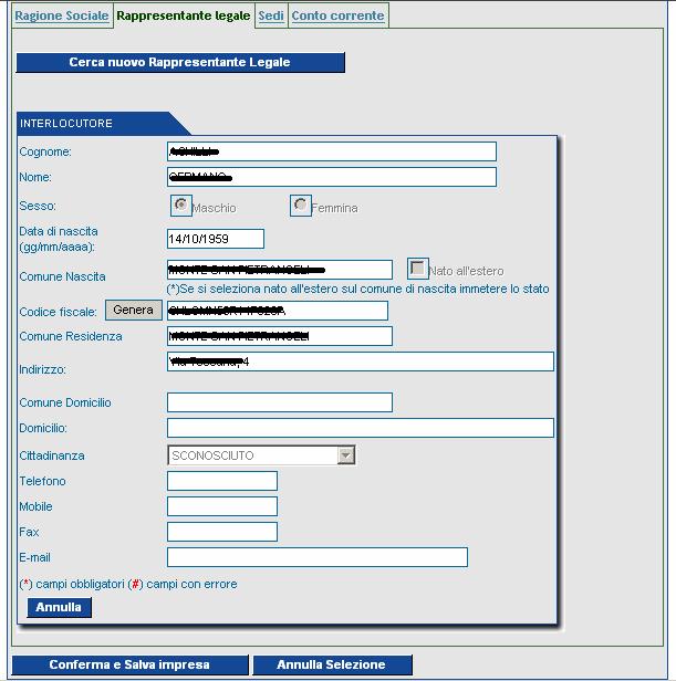 - Rappresentante legale Vengono riportati i dati del rappresentante legale.