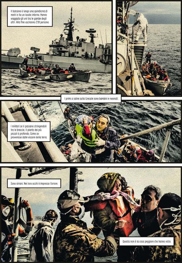 Sopra: migranti soccorsi al largo di Lampedusa da una nave della marina militare, nel 2014.