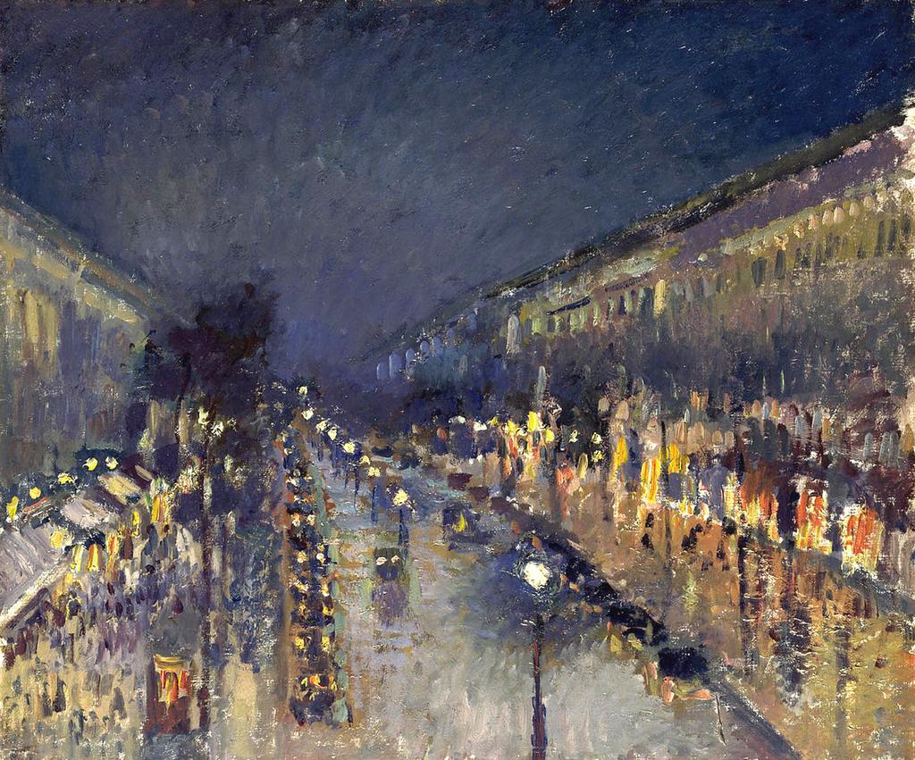 PISSARRO "Montmartre di notte" (1898). Verosimilmente ispirato al "Caffè di notte" di Van Gogh eseguito 10 anni prima.