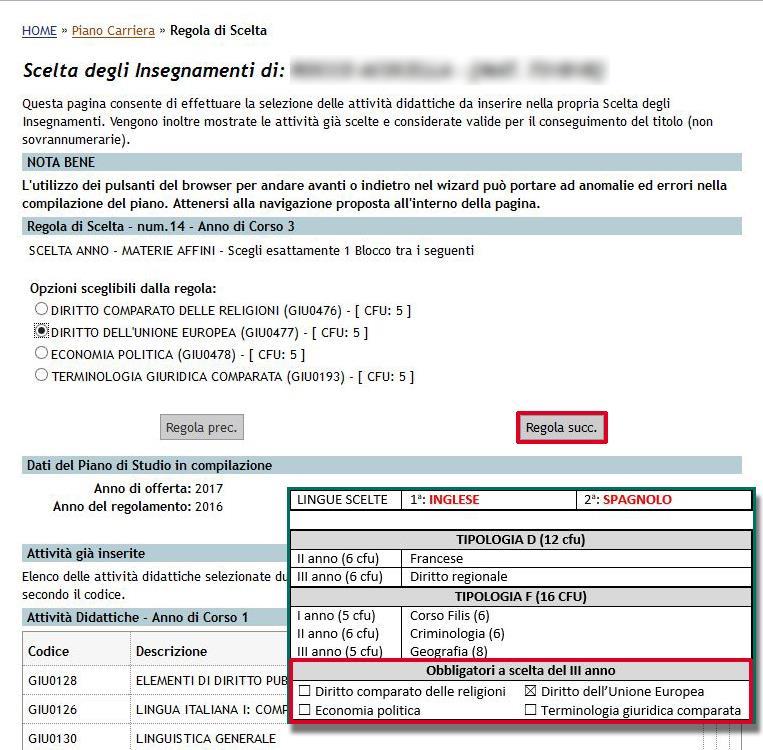 Indicate la materia del 3 anno a scelta tra quelle proposte, in base a quello che avevate segnato sul foglietto e quindi cliccate su Regola succ.