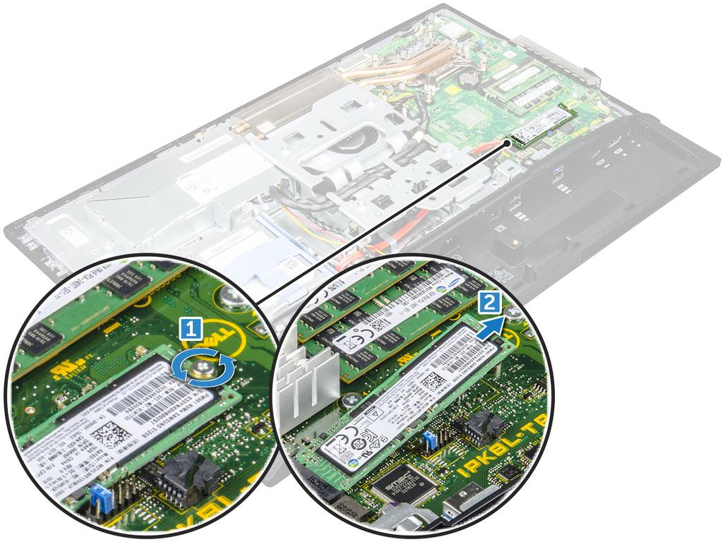 Installazione della scheda SSD 1 Inserire la scheda SSD nel connettore. 2 Serrare la vite per fissare la scheda SSD alla scheda di sistema.