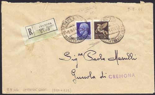 N.R. DI VERONA 307 1944 Racc. da Cremona 9.9.44, affr. con sopr. G.N.R. 1.25 l.+p.a. 50 c. (480+PA 118). Sorani. Cert. Ray (Cat. 2.150). Spl.