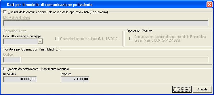 selezionando il campo Importi da comunicare - Inserimento manuale è possibile indicare manualmente gli importi da comunicare al posto di quelli calcolati automaticamente dal programma; è importante