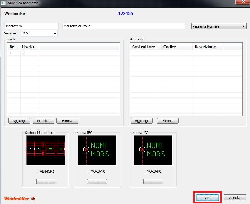 inserimento) All interno della finestra Modifica Morsetto è possibile modificare il simbolo Morsettiera, il Simbolo Norma IEC e il
