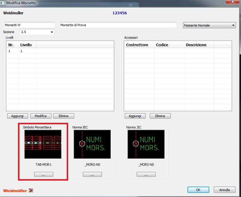 sul codice 123456 (Weidmuller) All interno della finestra Modifica Morsetto, è