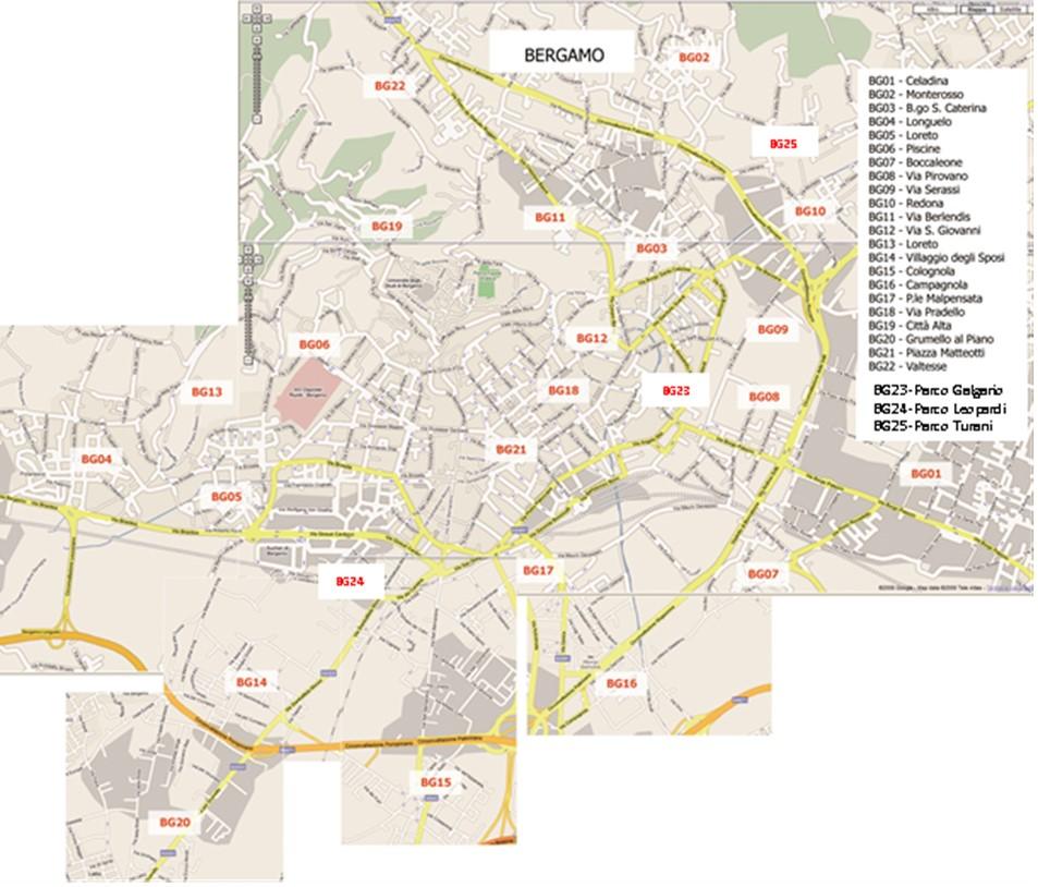 Figura 6: Localizzazione delle ovitrappole nel comune di Bergamo. DESCRIZIONE DEI SITI DI MONITORAGGIO BG01 Celadina giardino pubblico tra via Caboto e via Brolis. Accesso da via B.