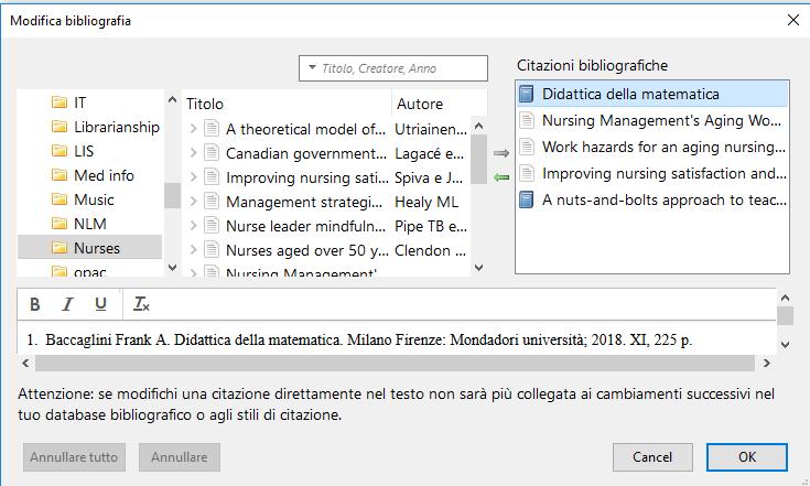 -> individuare la citazione da cancellare e spostarla a sinistra con la freccia.