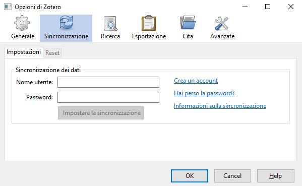 Registrare l account in Zotero desktop Dopo la registrazione, inserire le proprie credenziali anche in Zotero