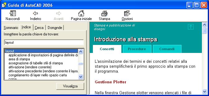 AUTOCAD 2006 Scheda di riferimento rapido Uso della Guida in linea individuare voci nell indice cercare parole e frasi esatte digitare una domanda spostarsi agli argomenti utilizzando il Sommario