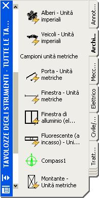 Interfaccia di AutoCAD 2006 Scheda corrente Tavolozze degli strumenti Posizionare tratteggi, blocchi e comandi di uso frequente in una tavolozza degli strumenti.