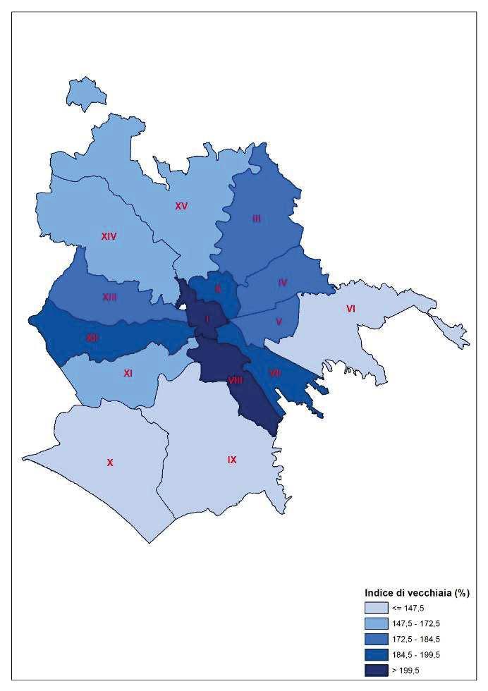 45,3 anni età media (45,1 nel 2016) Struttura per età della popolazione Indice di vecchiaia per municipio Indice di vecchiaia per zona urbanistica 166,2 indice di vecchiaia* (163,8 nel 2016) 54,7