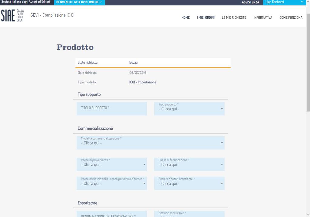 IC01 Importazioni pagina prodotto Inserisci qui tutti i dati inerenti i supporti importati, avvalendoti dei menù a tendina esistenti e clicca poi sul tasto PROCEDI.