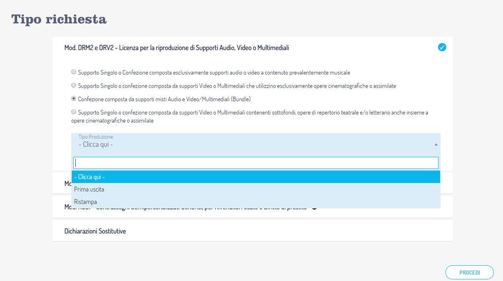 Pagina Tipo Richiesta: selezioni possibili per DRM2 e DRV2 - Licenza per la riproduzione di Supporti Audio, Video e Multimediali Selezionando Mod.
