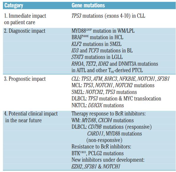 Clinical impact of recurrently mutated genes on lymphoma