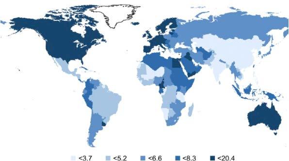 World map of the estimated age-standardized incidence rates (per