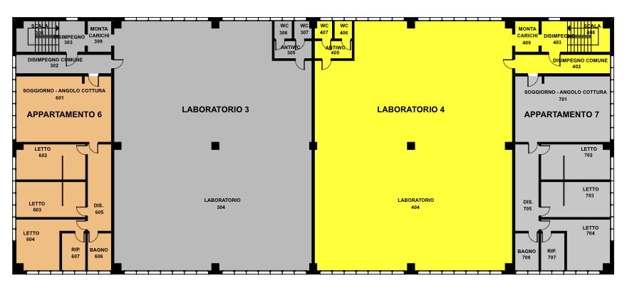 piano primo progetto con indicazione destinazioni d uso Considerando che il capannone era in origine suddiviso in sette unità strutturali indipendenti, corrispondenti ai subalterni 4, 5, 6, 7, 8, 9 e