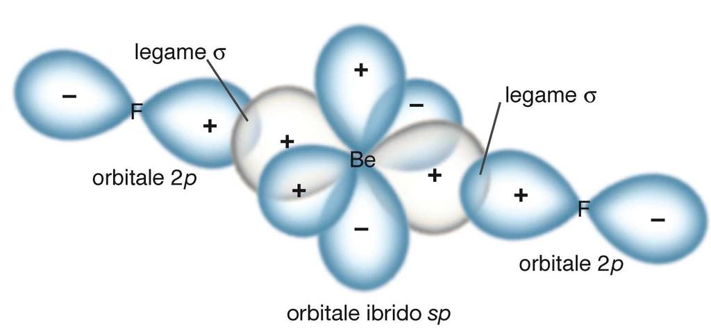 I legami della molecola di fluoruro di berillio, BeF 2. Ogni orbitale di legame Be-F è formato dalla combinazione di un orbitale sp del Be con un orbitale 2p del F.
