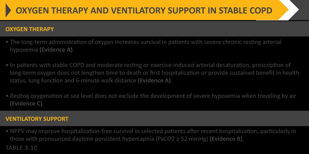 Oxygen therapy & ventilatory support in stable COPD During exacerbations of COPD.