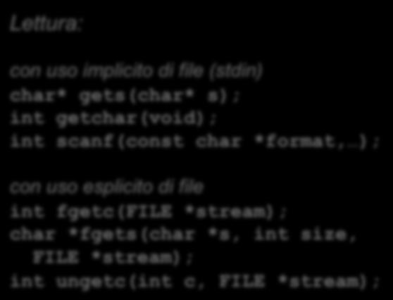 *stream); Lettura: con uso implicito di file (stdin) char* gets(char* s); int getchar(void); int scanf(const char