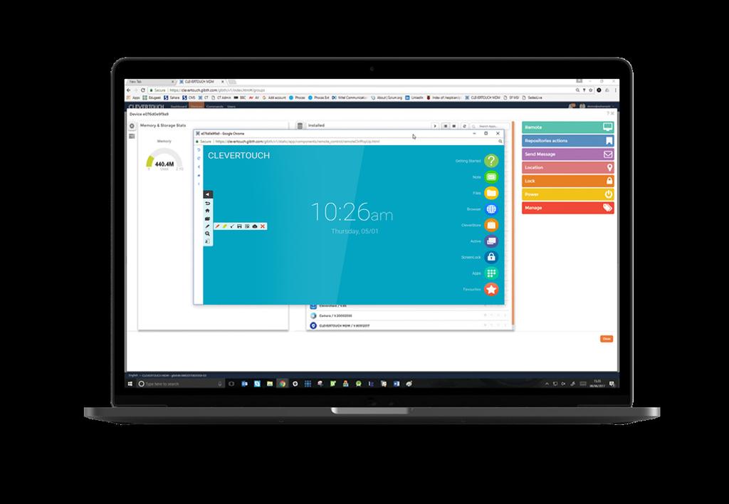 Gestione remota (MDM) Controlla più dispositivi Clevertouch, ovunque si trovino Il sistema Clevertouch MDM consente agli help desk, agli admin IT e ai project leader di centralizzare la gestione e