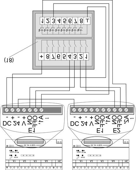 Figura 9: Esempio di collegamento di un sensore di rilevamento 24 V o di un modulo sensore di rilevamento 24 V a due stazioni reg. di luminosità. Esempio di collegamento funzione centrale.