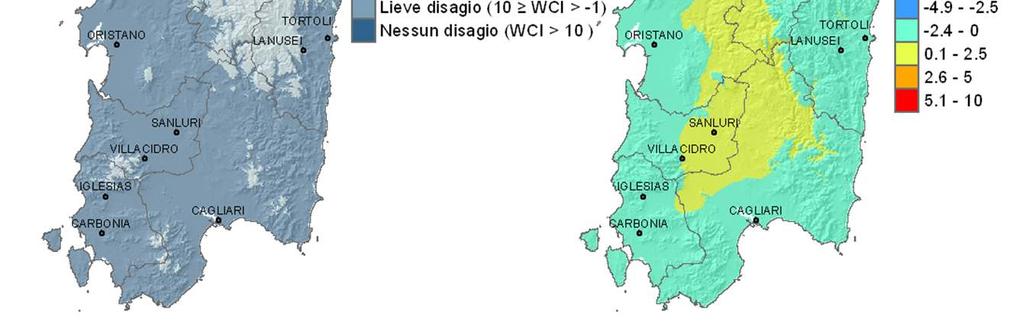 Wind Chill Index (WCI) L indice WCI medio mensile (Figura 22) ha mostrato valori nella classe di Lieve Disagio su quasi tutta l Isola; la media delle minime (Figura 23) ha presentato valori più