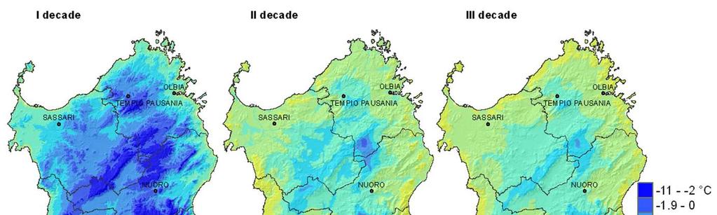 CONSIDERAZIONI CLIMATICHE Temperature Nella Nurra, nel Campidano e lungo le coste della Sardegna le medie delle temperature minime di marzo erano comprese tra 6 C e 10 C; nelle zone collinari le