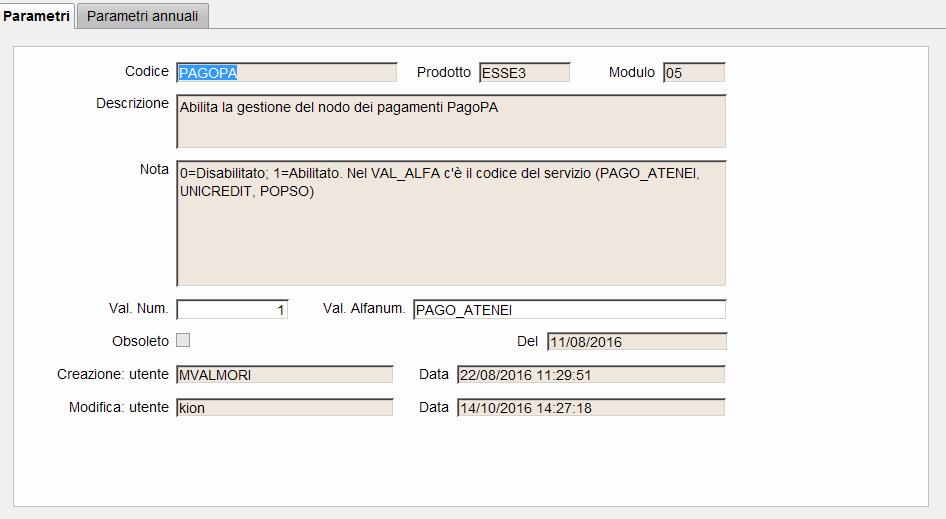 Parametro di configurazione PAGOPA Parametri di configurazione del