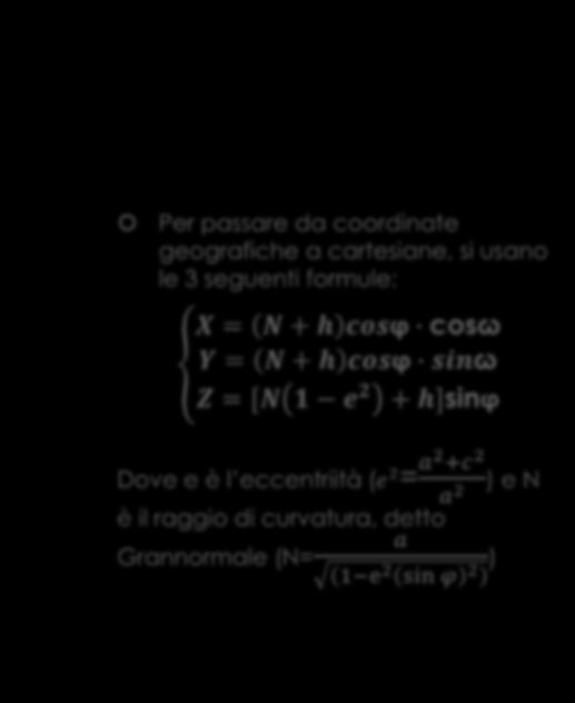 Sistemi e cambi di Riferimento: Processo di trasformazione #1 Per passare da coordinate geografiche a cartesiane, si usano le 3 seguenti formule: X = N + h cosϕ