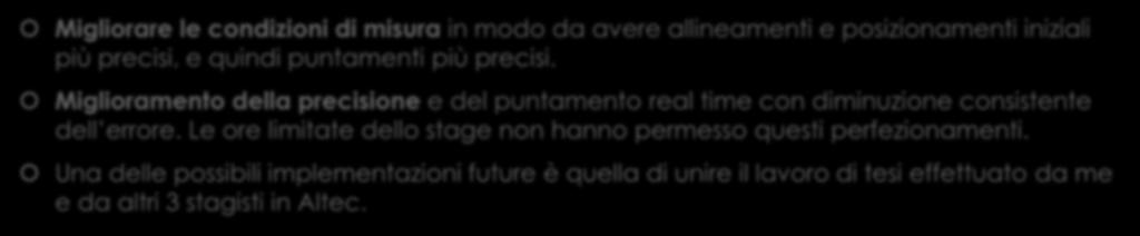 Future possibili implementazioni e miglioramenti Migliorare le condizioni di misura in modo da avere allineamenti e posizionamenti iniziali più precisi, e quindi puntamenti più precisi.