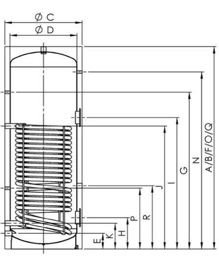 Altezza - mm 140 155 155 155 F Acqua calda G Circolazione Altezza - mm 1200 1150 1400 1550 H Flangia inferiore Altezza - mm 295 310 310 310 Ø -