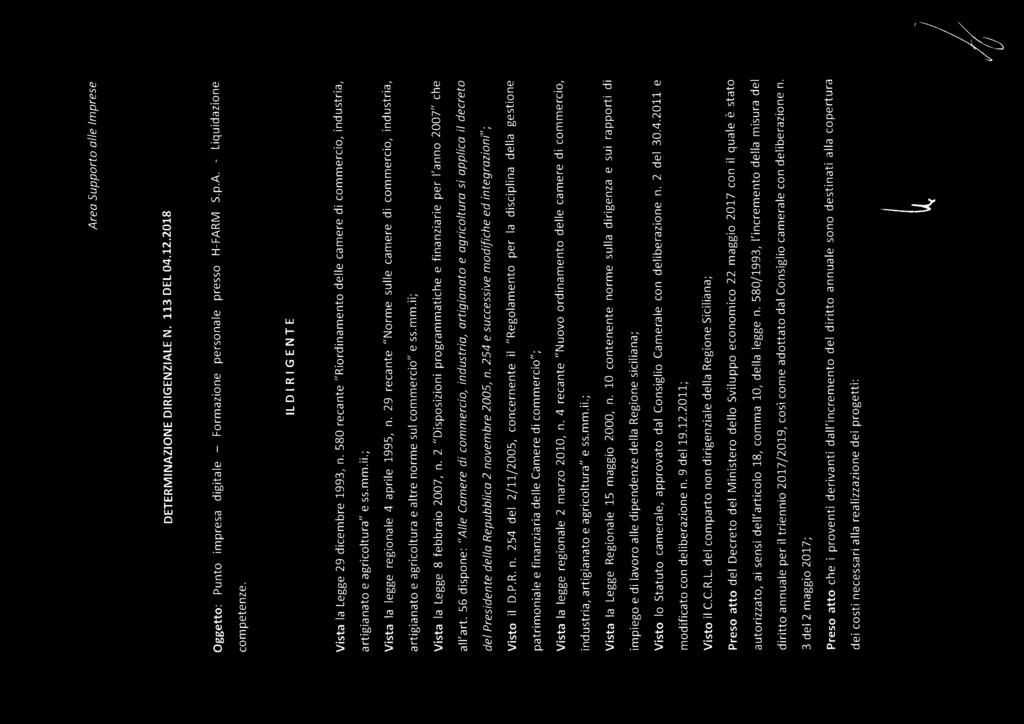 e Camera di Commercio C31tlllisBetta ' Area Supporto alle Imprese DETERMINAZIONE DIRIGENZIALE N. 113 DEL 04.12.2018 Oggetto: Punto impresa digitale - Formazione personale presso H-FARM S.p.A. - Liquidazione competenze.