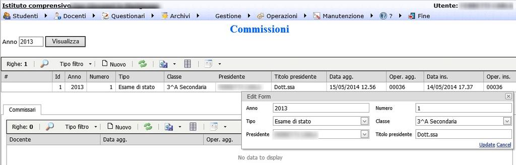 2.2 Commissioni Le commissioni di esame devono essere inserite, una per ogni classe, da Gestione Commissioni inserendo un numero identificativo, la classe e il presidente scelto dall archivio docenti.