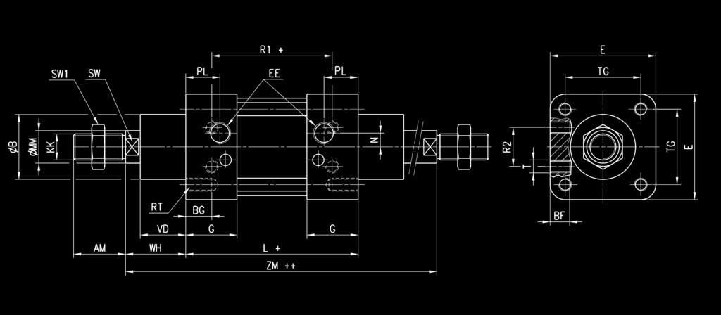 5 30 M2 0 65 27 4 M2 0 5 50 65 Cilindri Serie 90 - stelo passante + due volte Ø AM B BF BG E EE G KK L MM N PL RT R R2 SW SW T TG VD WH ZM 32 22 30 0 6 45 G/8 28 M0x.25 94 2 4.5 4 M6 64 6 0 7 M5 32.