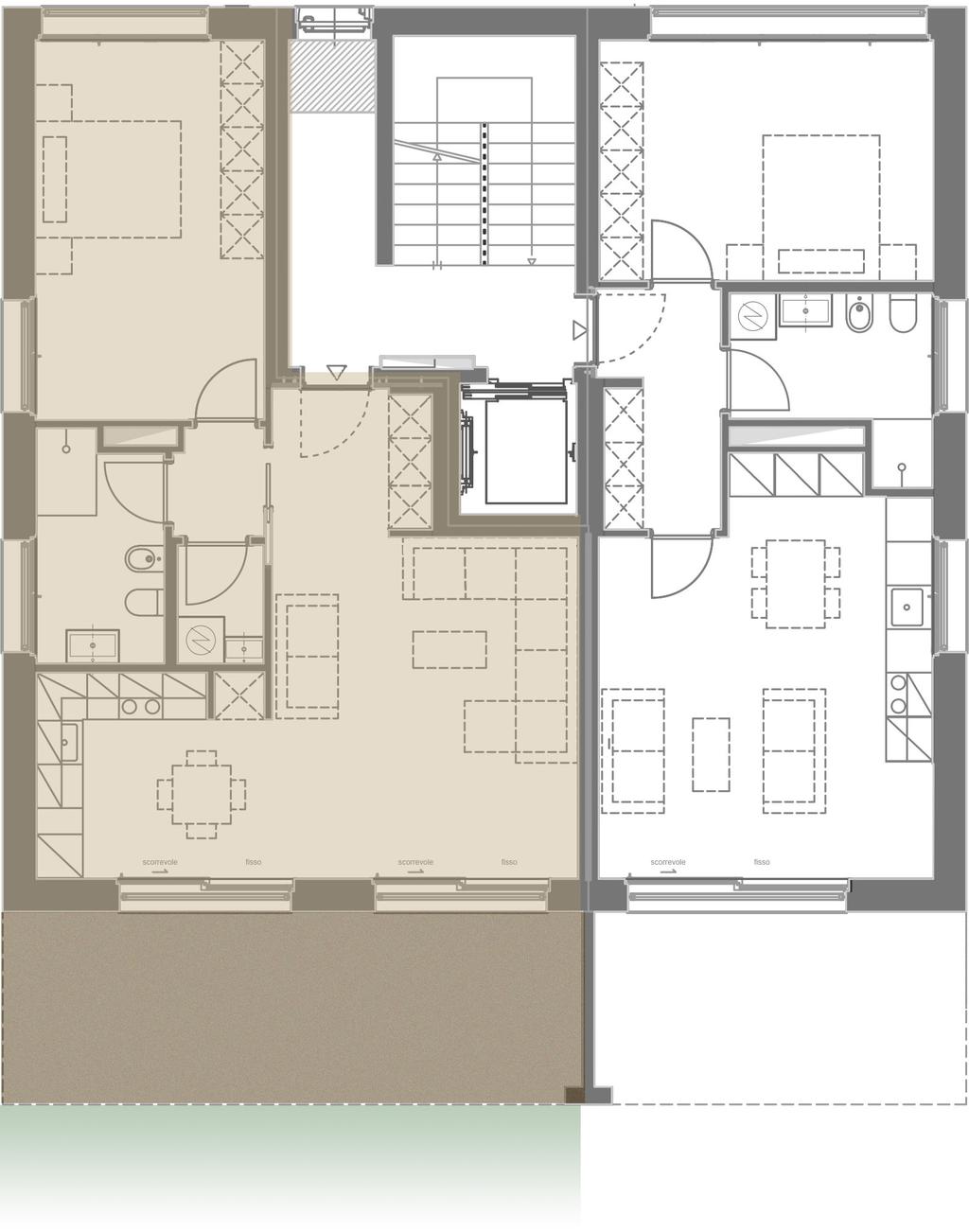 TIPOLOGIA C - BILOCALE m 2 PONDERAZIONE Appartamento 75 100% Terrazzo 22 50% Giardino 105 33% Superficie vendibile 120 m 2 Posti auto Disponibili La tipologia C è disposta al piano terreno di una