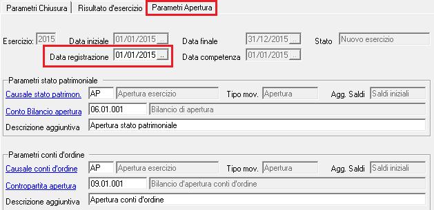 Sezione Parametri Apertura - Data registrazione: inserire la data di registrazione che verrà assegnata alle registrazioni di prima nota relative alle operazioni di apertura.