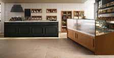 GRIGIO ANTRACITE TWIN BAR COUNTER AND DISPLAY CABINET COLOUR: VINTAGE CORTINA LARCH COLOUR OF BAR BACK UNITS, CABINETS, BREAD BASKETS, STORAGE UNITS AND SHELVES: SNOW WHITE SERVING