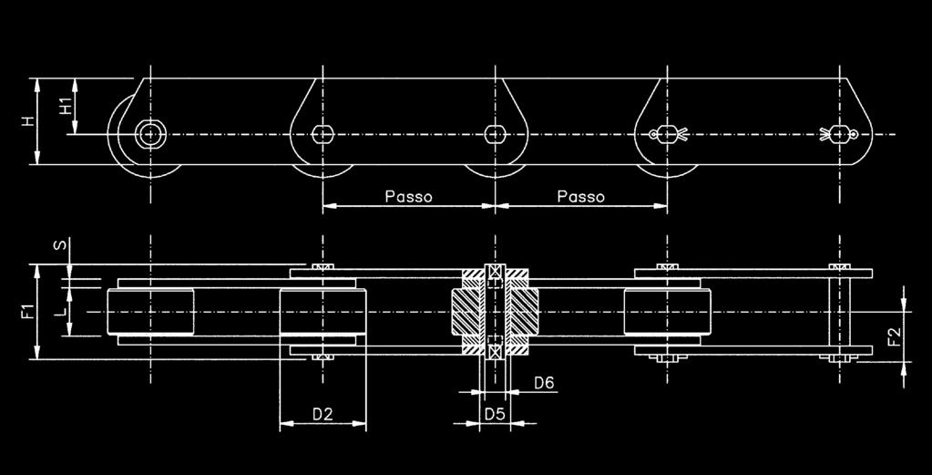A RULLI ECCENTRICI CATENA Passo Largh. Diam. Diam. Diam. Altezza Altezza Spess. Lungh. Lungh. Carico dirottura Peso N (mm) Interna rullo bussola perno piastra piastra perno rib. perno g.