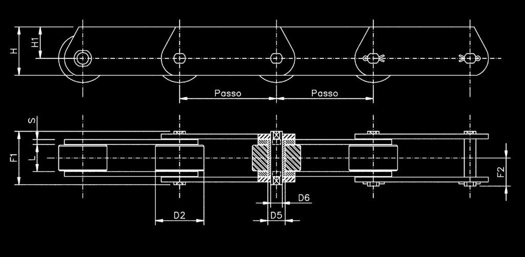 A RULLI ECCENTRICI CATENA Passo Largh. Diam. Diam. Diam. Altezza Altezza Spess. Lungh. Lungh. Carico di rottura Peso N (mm) Interna rullo bussola perno piastra piastra perno rib. perno g.