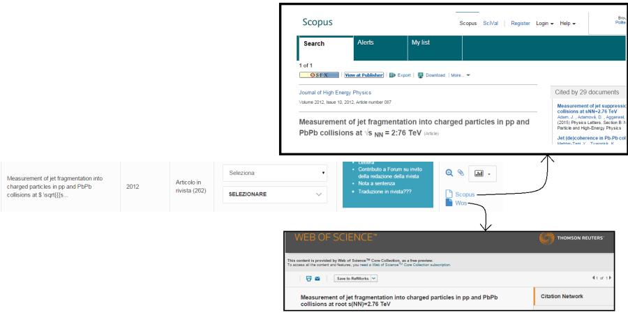 Quando entrambi gli identificativi sono presenti, cliccando sui tasti Scopus e Wos della colonna Operazioni si aprono le rispettive pagine di preview sul sito del servizio: NOTA: L associazione tra l