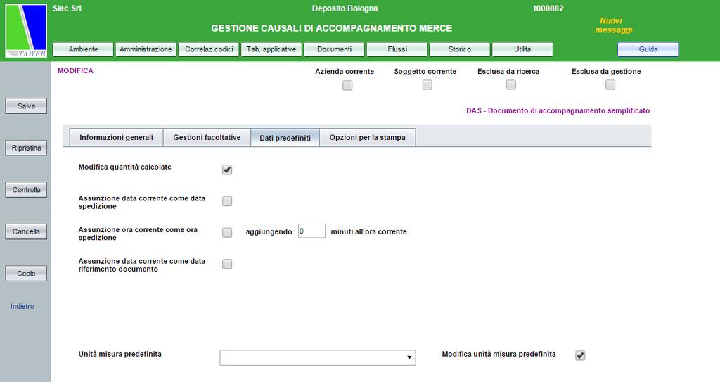 Nella sezione Dati predefiniti è stata prevista la possibilità di specificare un unità di misura predefinita che, quindi, verrà automaticamente