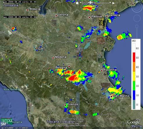 Intorno alle 16:00 UTC le piogge più intense si spostano verso Bologna, in particolare alcune celle