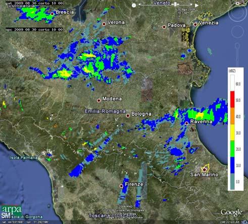 Le immagini seguenti mostrano le cumulate orarie di precipitazione da radar delle