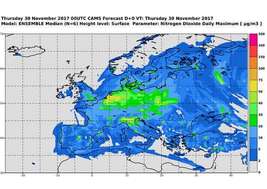 3.2 Previsioni NO2 massimo giornaliero CAMS Ensemble Le previsioni di NO2 a grande scala sono ad opera del Programma Copernicus, un