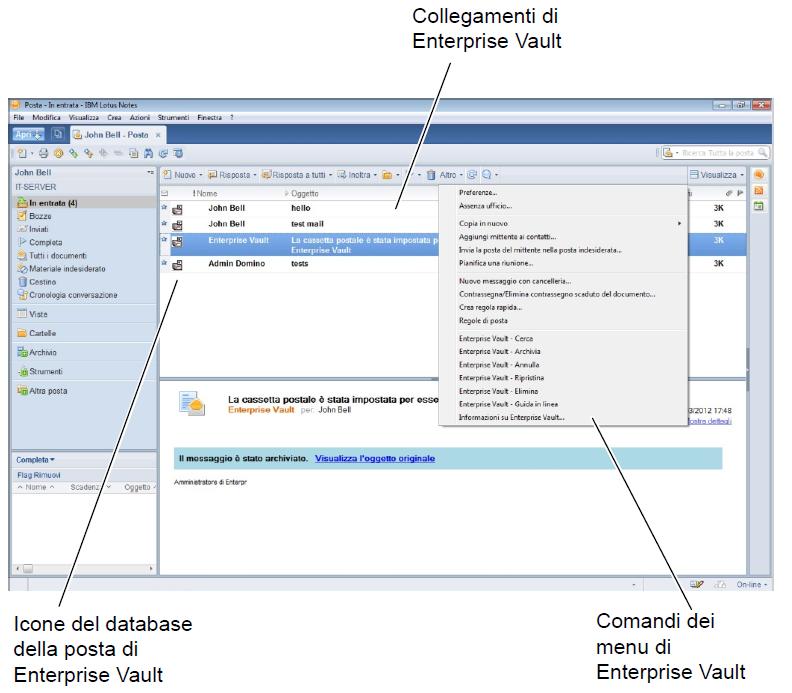 Presentazione di Veritas Enterprise Vault Informazioni su Veritas Enterprise Vault e sul database della posta di Notes 6 Figura 1-1 Enterprise Vault è disponibile in Notes Un collegamento ha le